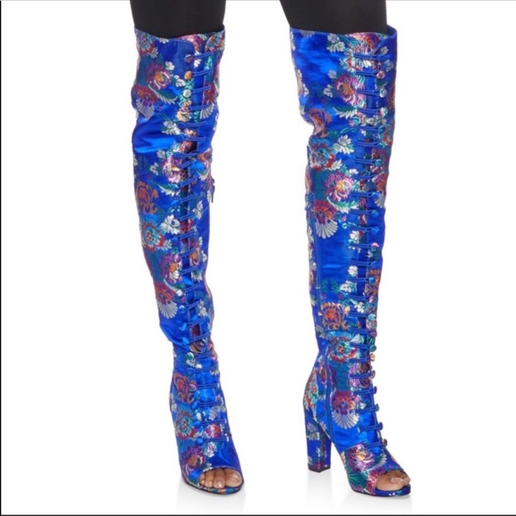 Blue Lime Flower Embroidered Over the Knee Boots - Picture 4 of 4